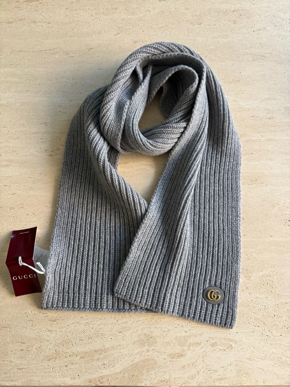 NWT Gucci Grey GG Logo Wool-Cashmere Rectangular Scarf Unisex